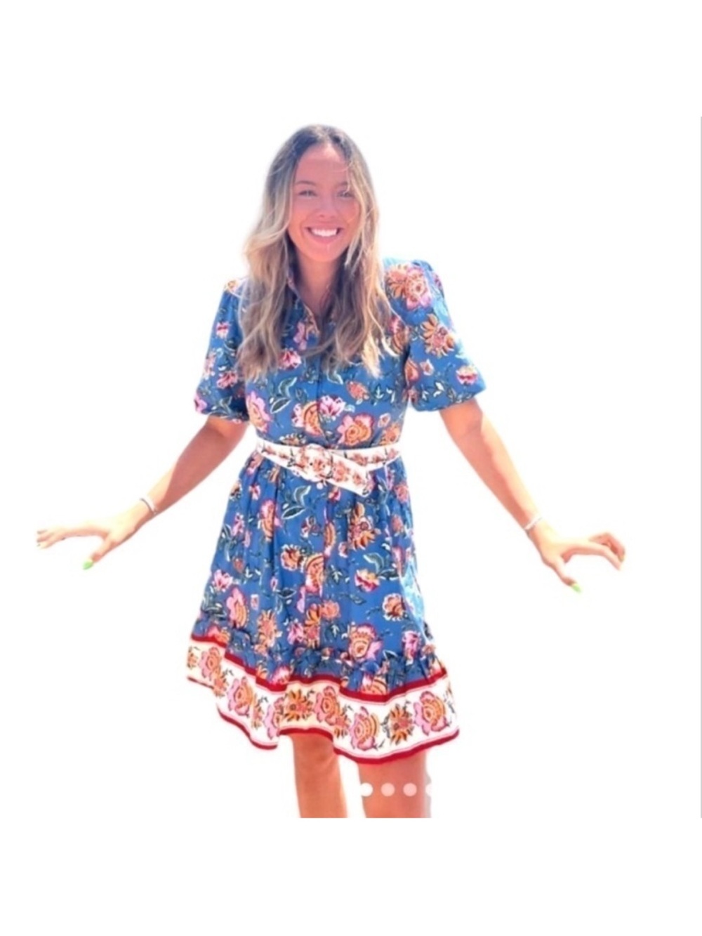 New JOIE Floral Print Puff Sleeve Belted Cotton Button-Front Dress - Picture 4 of 5